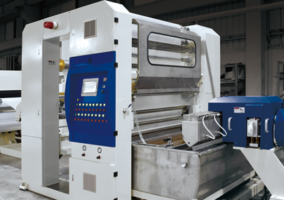 Quench take-up unit, with extrusion device, film cooling forming, and water removal system to keep the film even